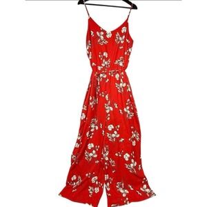 Red Floral Print Spaghetti Strap Jumpsuit Casual Sleeveless Romper‎